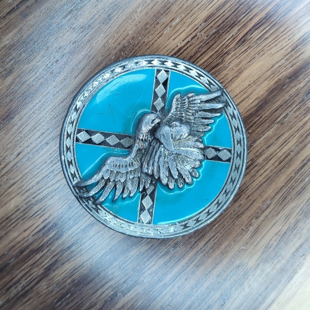 Vintage 1991 Arroyo Grande Buckle Co Eagle Turquoise Enamel Belt Buckle USA Made
